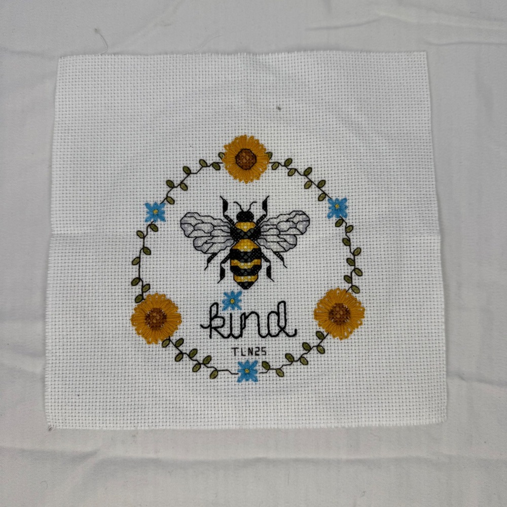 Handmade Bee Kind Cross Stitch‎ Embroidery Sunflower Floral Art White Aida Cloth
